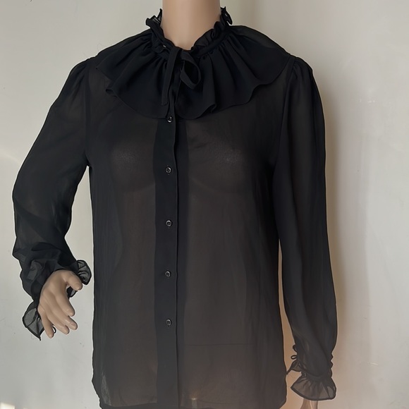 Black High Neck Bow Tie Front Ruffle Sheer size 12 - Picture 4 of 4